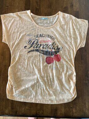 Maurices Burnout Knit Cherry Graphic T-Shirt for Women Yellow Size XL EUC!